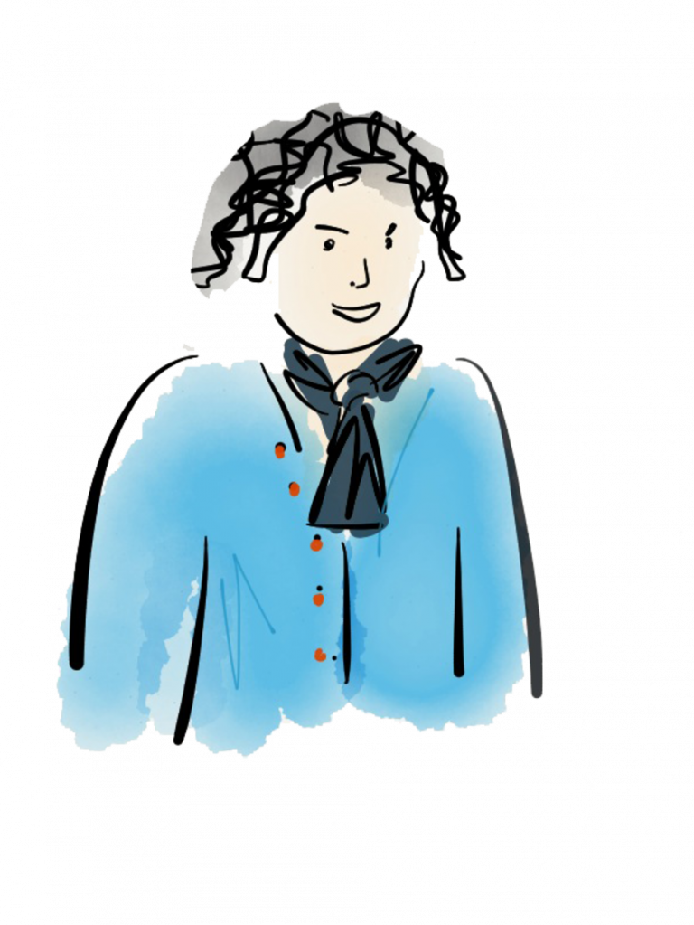 Zeichnung einer Frau mit Schal und blauem Blazer