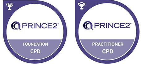 Lila Kreis mit Pokal oben links und PRINCE2 Zertifikat Inhalt