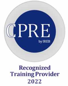 Grau blauer Kreis mit CPRE by IREB Schriftzug