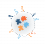 Farbige Figuren die einen Kreis um Puzzleteile bilden