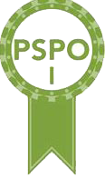 Grünes Abzeichen mit der Aufschrift "PSPO I", was auf eine Zertifizierung für Professional Scrum Product Owner hinweist.