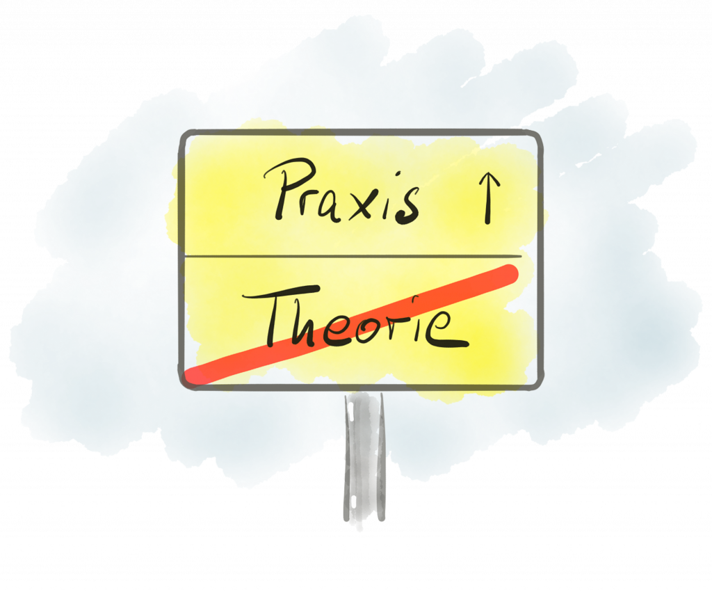 Verkehrsschild illustriert mit der Aufschrift "Praxis" und einem Pfeil nach oben sowie "Theorie" durchgestrichen, impliziert die Bevorzugung praktischer Erfahrung gegenüber theoretischem Wissen.
