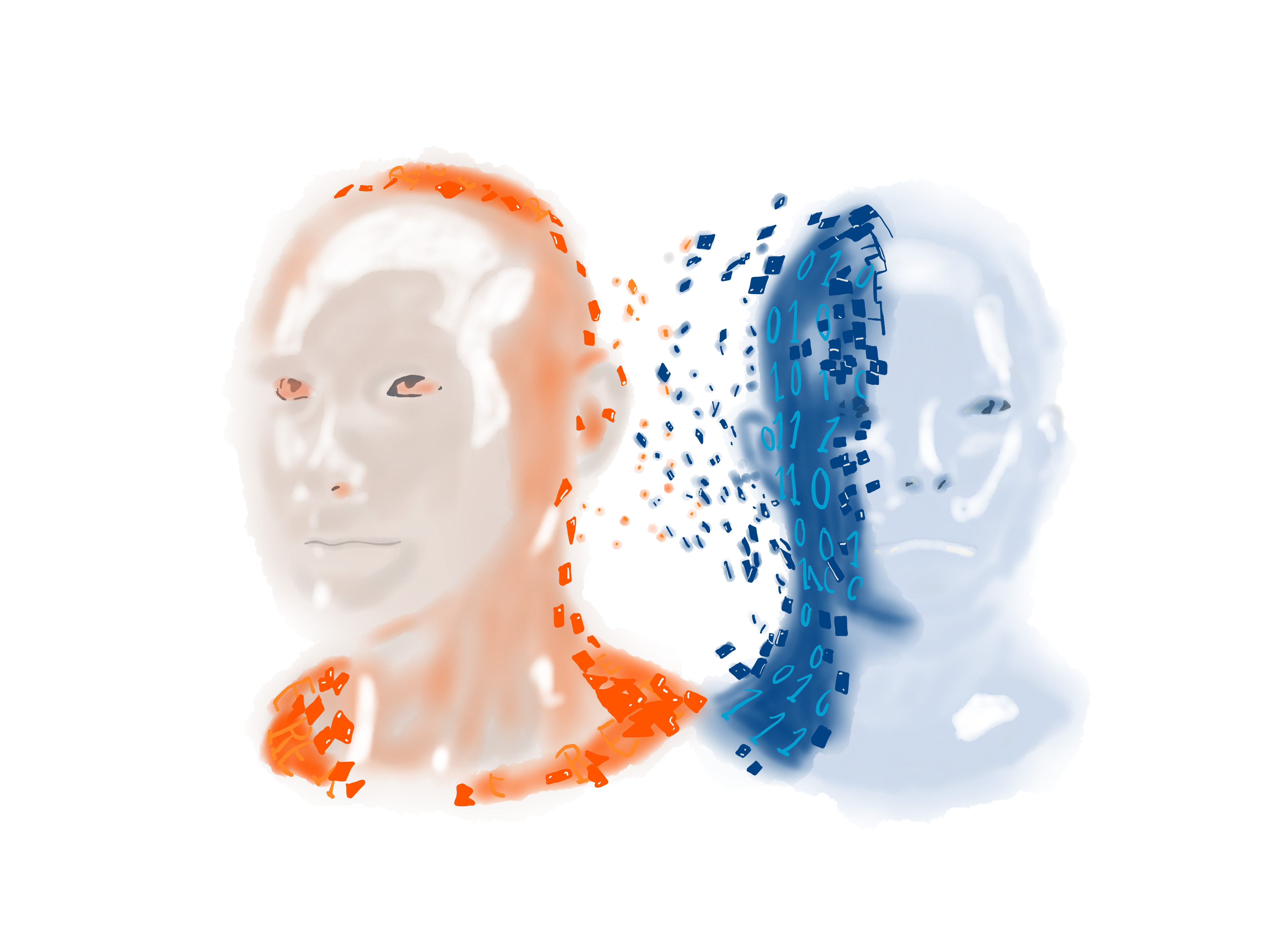 Digitale Illustration eines sich aufloesenden, zweiteiligen menschlichen Kopfes, links in Orange mit festen Fragmenten und rechts in Blau mit Binaercode-Elementen, symbolisch fuer die Verschmelzung von Mensch und kuenstlicher Intelligenz.