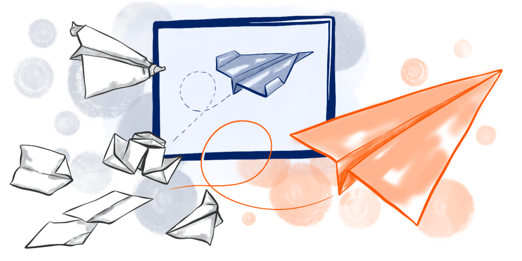 Das Bild zeigt die Entwicklung von Papierfliegern, die nicht richtig zusammengebaut und in der Praxis daher nicht flugtauglich sind, hin zu einem Papierflieger, der fliegt.
