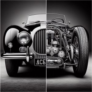 Zweigeteiltes Schwarz-weiß Bild: auf der einen Seite ein Oldtimer von außen, auf der anderen Seite der gleiche Oldtimer und das Innenleben