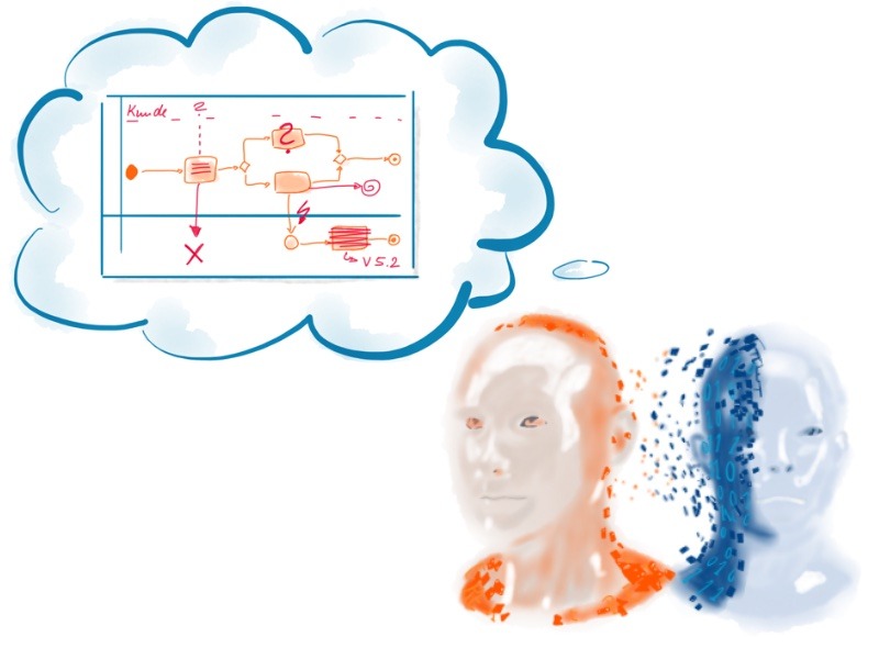 Ein oranger und ein blauer Kopf die sinnbildlich für KI stehen. Über ihnen eine Denkblase mit einer Modellierung