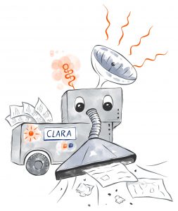 Ein Saug-Roboter mit Namensschild "Clara"