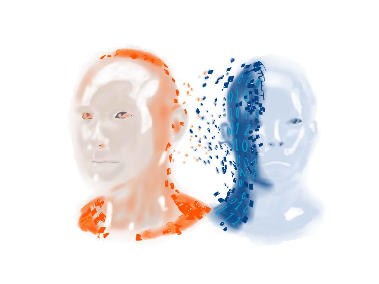 Ein oranger Kopf und ein blauer Kopf, die Daten austauschen. Sinnbild für Künstliche Intelligenz