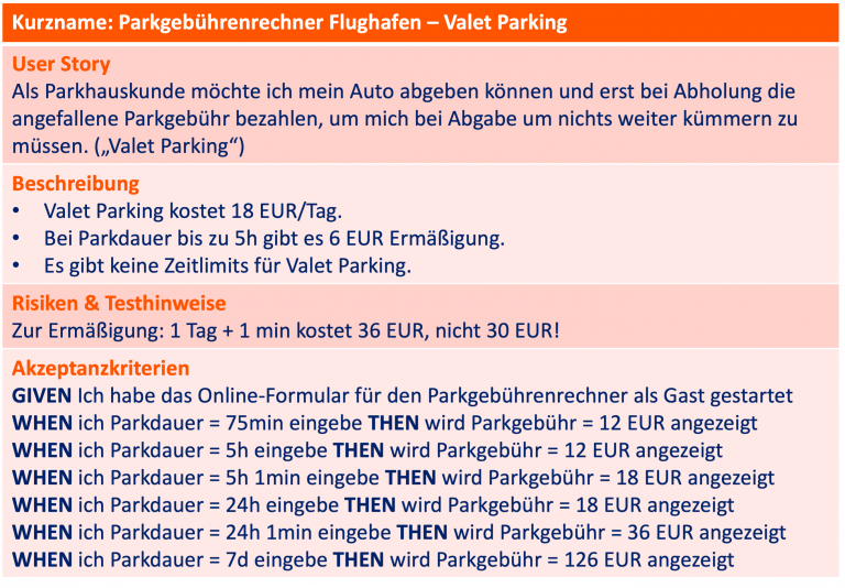 Tabelle in orange mit blauer Schrift, die einen Parkgebühren-Vorgang am Flughafen wiedergibt