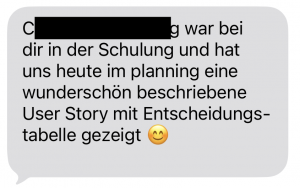 Positiver SMS Text einer Scrum Masterin an den Trainer zu einem Training