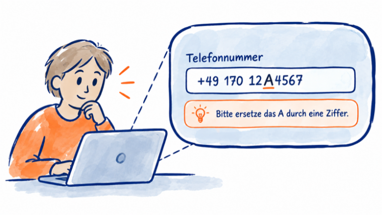 Zeichnung einer Person, die am Laptop sitzt und eine Telefonnummer in ein Eingabefeld gibt