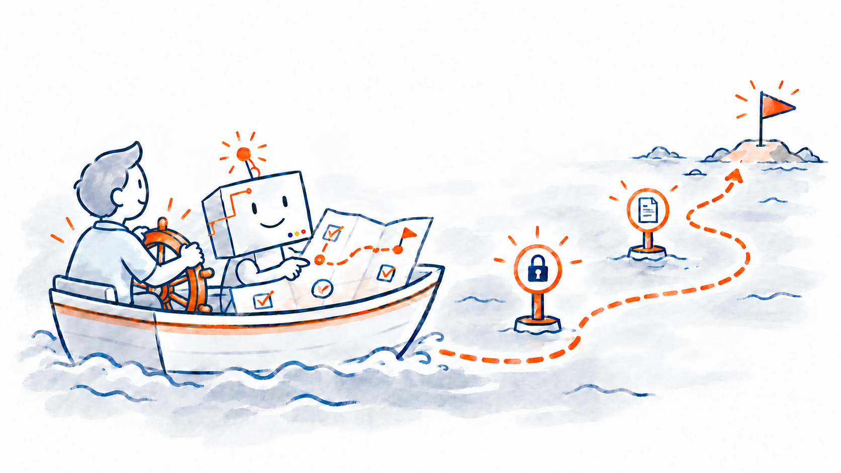 Zeichnung von einem Mann, der mit einem Roboter in einem Boot sitzt und sie eine Insel mit roter Fahne - als Ziel - anfahren